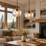Load image into Gallery viewer, Textured Glass Globe Pendant with chrome or gold and single or pair sets - New2609-1024575 interior scene
