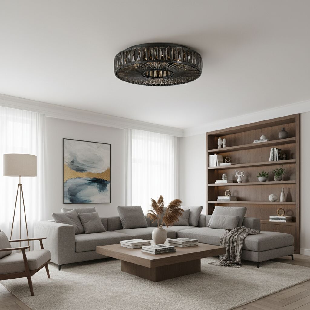 Glomar Glass Round Flush Ceiling Light - Modern Metal Glass Finish Living Areas