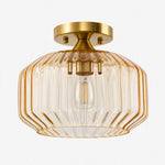 Charger l'image dans la visionneuse de galerie, Amber large ribbed glass semi-flush ceiling light with brushed brass canopy