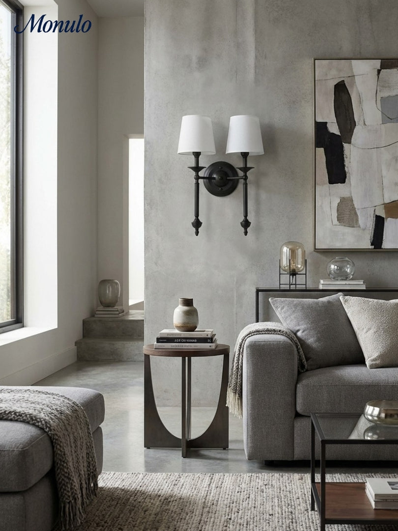 Aplique de pared con pantalla de tela Rowan en cobre antiguo: lámpara vintage de lujo para interiores 