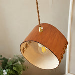 Bild in Gallery-Viewer laden, Open leather pendant shade with visible bulb and stitched edge
