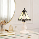 Load image into Gallery viewer, Pale yellow stained glass table lamp styled on a vanity beside a mirror
