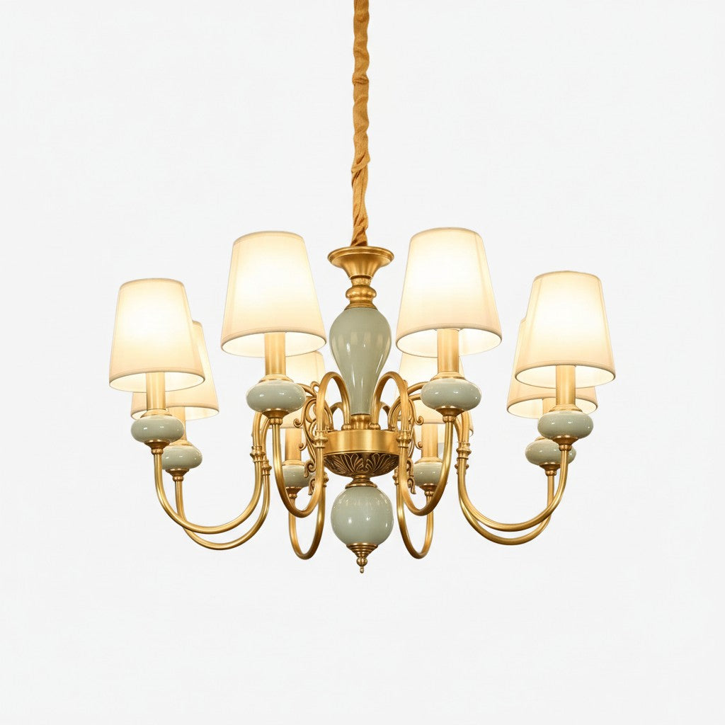 Lustre Branche Série Altoris avec Abat-jours en Tissu – Lustre en Laiton et Céramique pour Salon