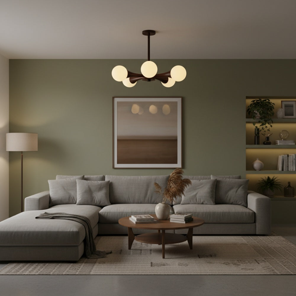 Novalune Multi-Light Glass Globe Chandelier with Wood Frame - Japanese Zen Style for Living Room