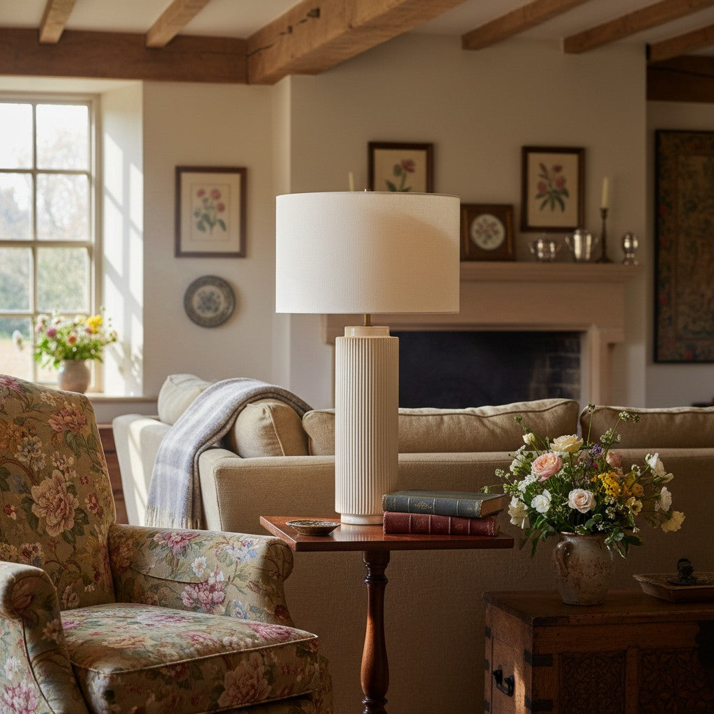 Ceruna Minimalistische Keramik-Tischlampe - Keramikfuß mit einem Lampenschirm aus Leinen