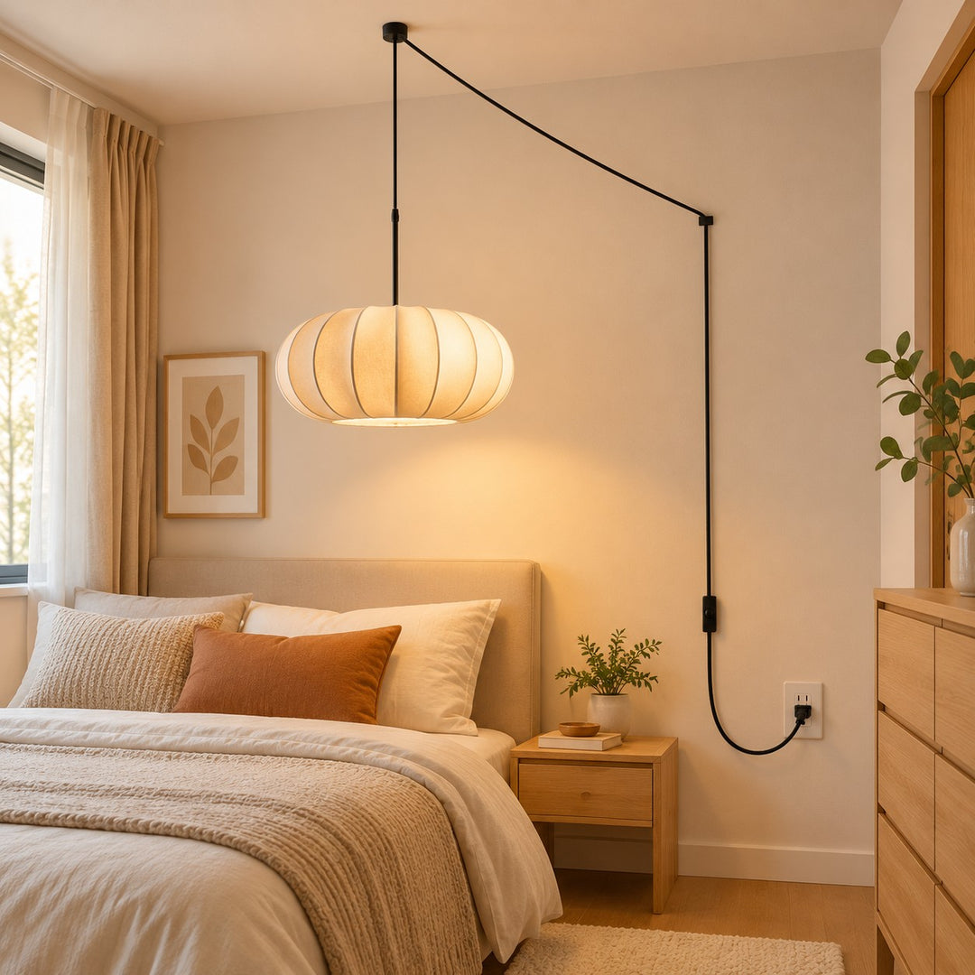 White Fabric Plug-In Pendant Lamp