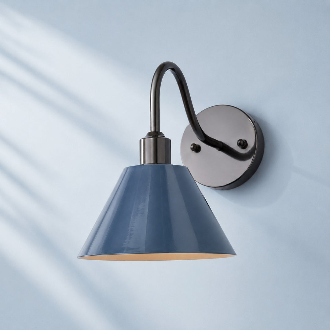 Industrial Modern Tapered Brass Gooseneck Sconce with Metal Silhouette