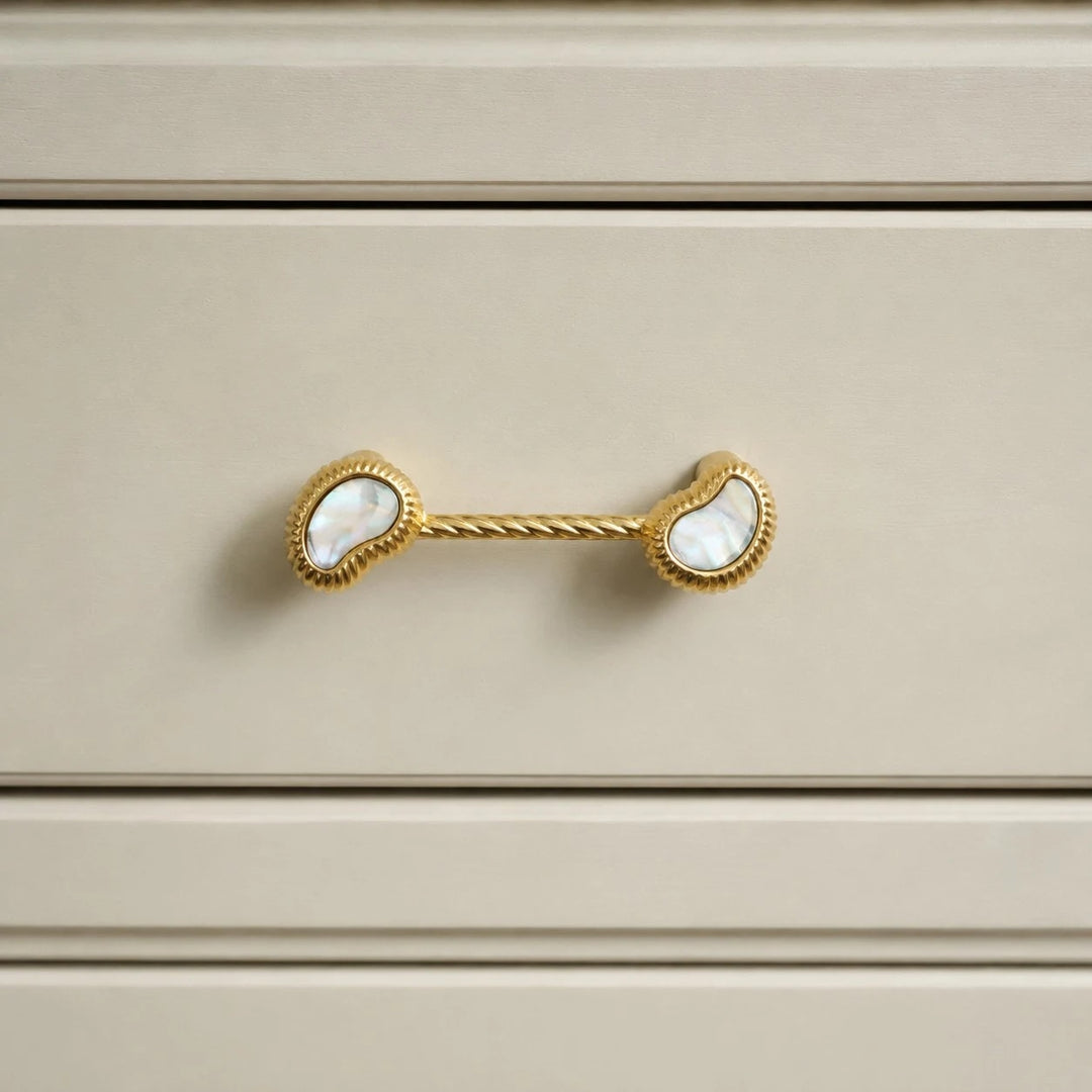 French Vintage Cashew Shell Brass Cabinet Knobs and Pulls - image 11