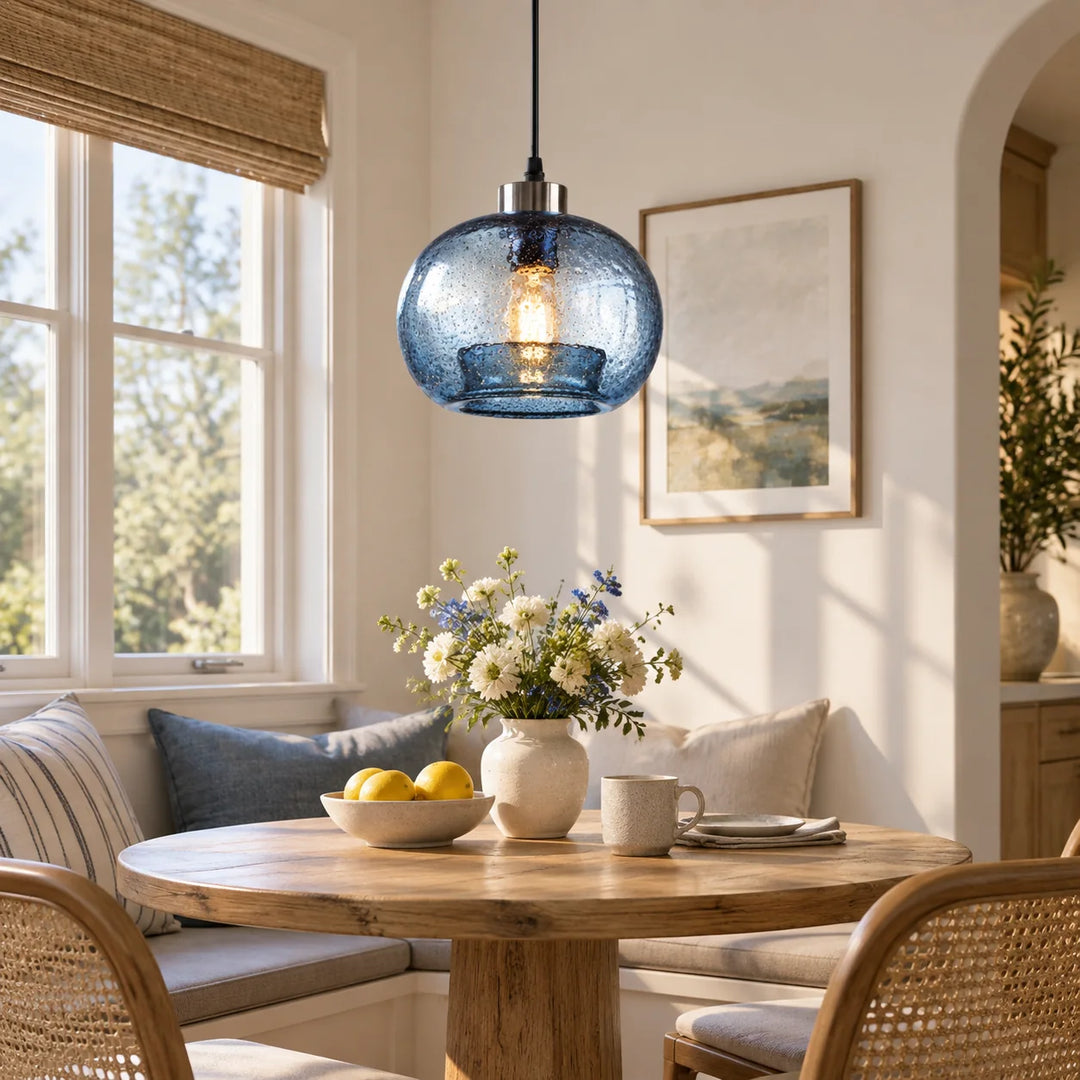 Textured Glass Globe Pendant with chrome or gold and single or pair sets - New2609-1024574 interior scene