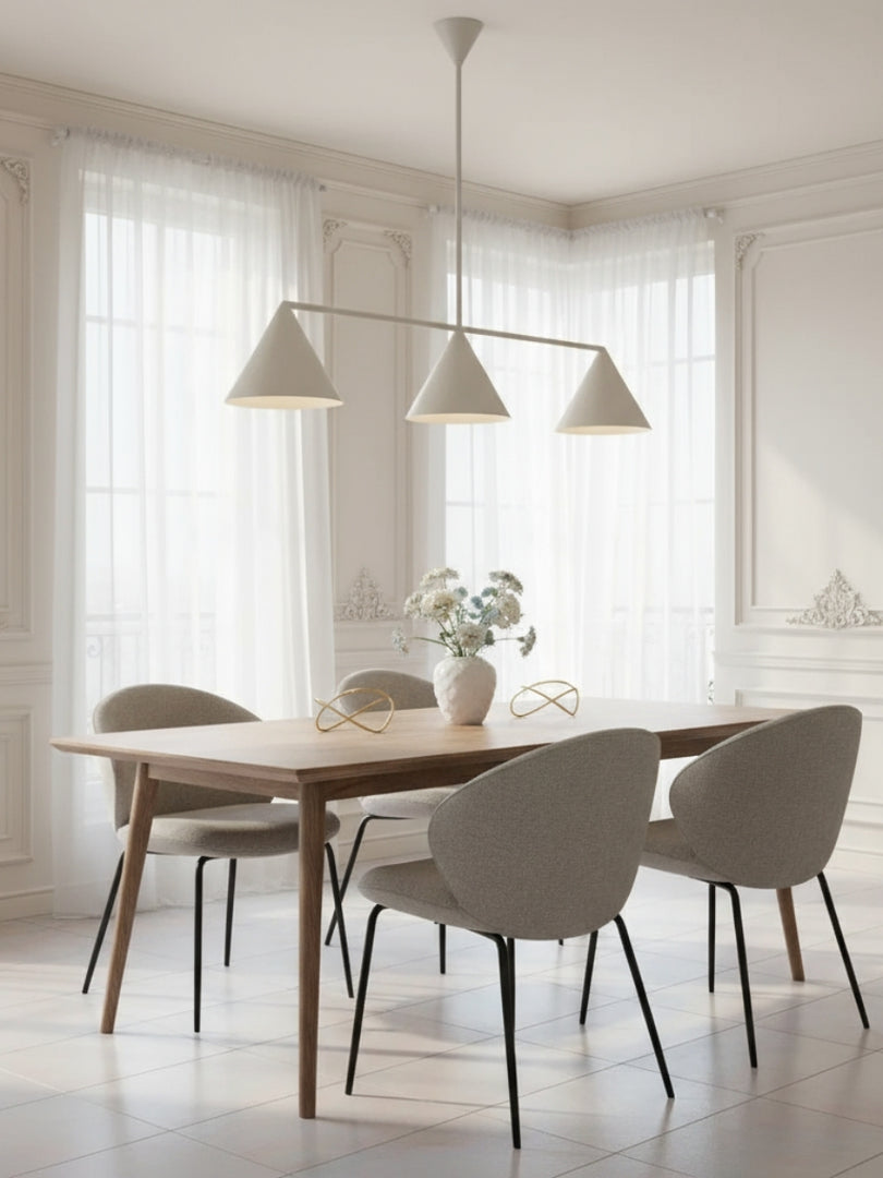 Lámpara de araña de metal con pantalla cónica Brivana: lámpara de comedor minimalista lineal