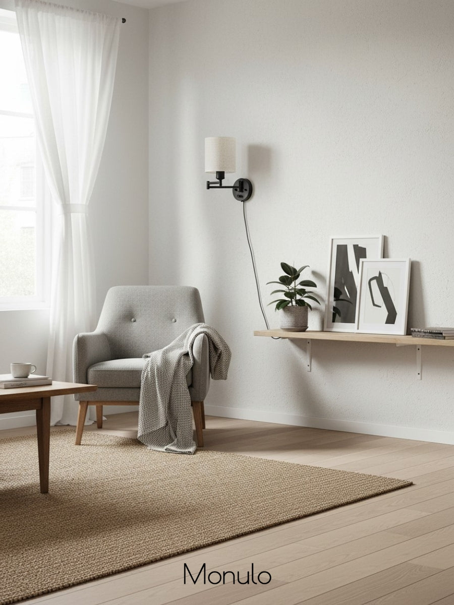 Swing Arm Fabric Sconce Light – Adjustable Wall Lamp with Drum Shade