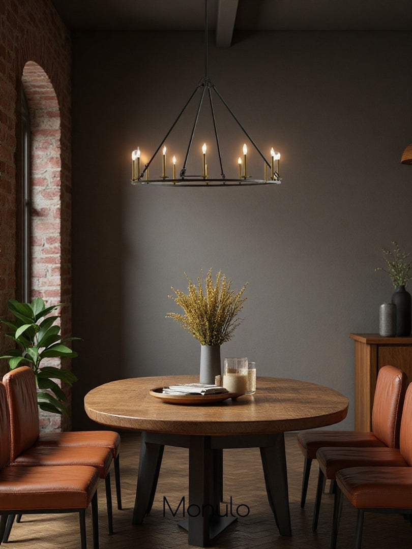 Lámpara de araña con forma de rueda de carro de Rowan Candle - Iluminación rústica con ruedas redondas