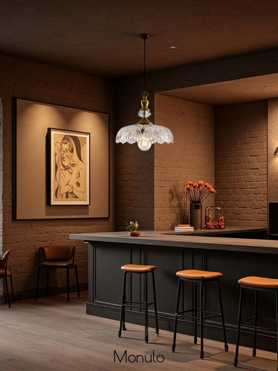 Vintage Brass Clear Glass Flower Pendant Light For Kitchen Island