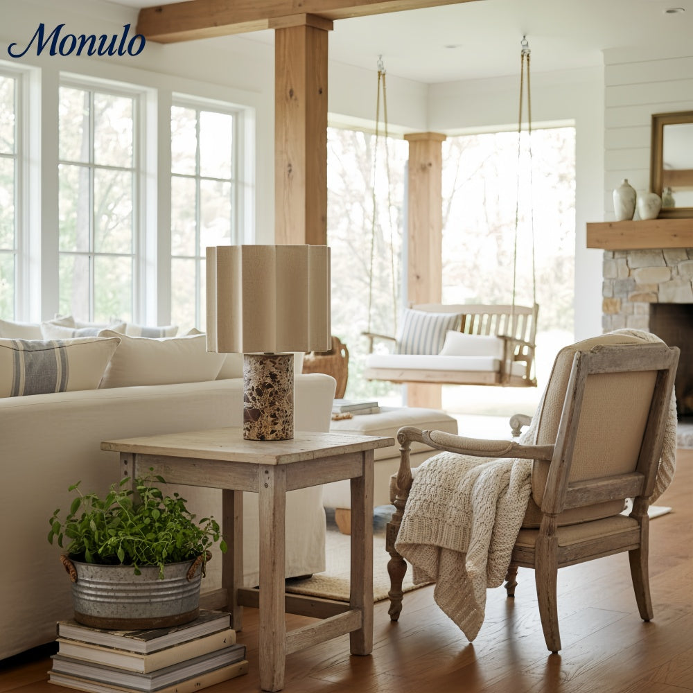 Cavilon Modern Artisanal Marble Accent Table Lamp with Soft Fabric Shade for Living Room and Bedroom