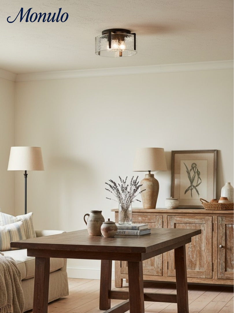 Vintage Semi Flush Mount Ceiling Light - Black and Glass Ceiling Fixture