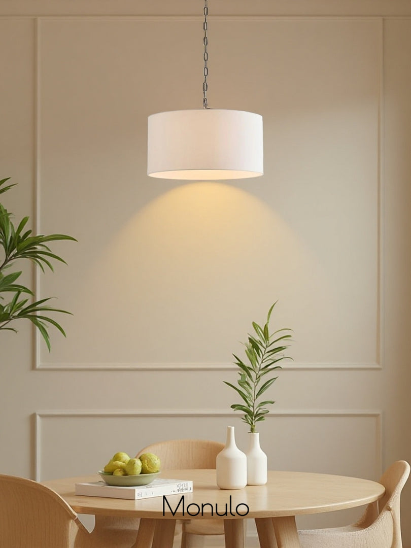 Lámpara colgante de lino Dumora con forma de tambor: moderna pantalla blanca para comedor