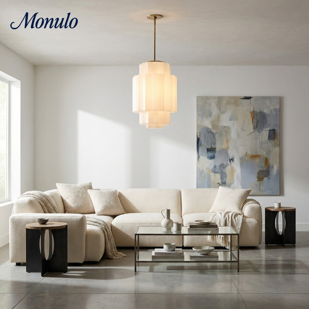 Geotower Glass Tiered Opal Pendant Light - Art Deco Vintage Style Ceiling Lamp for Living and Dining Areas