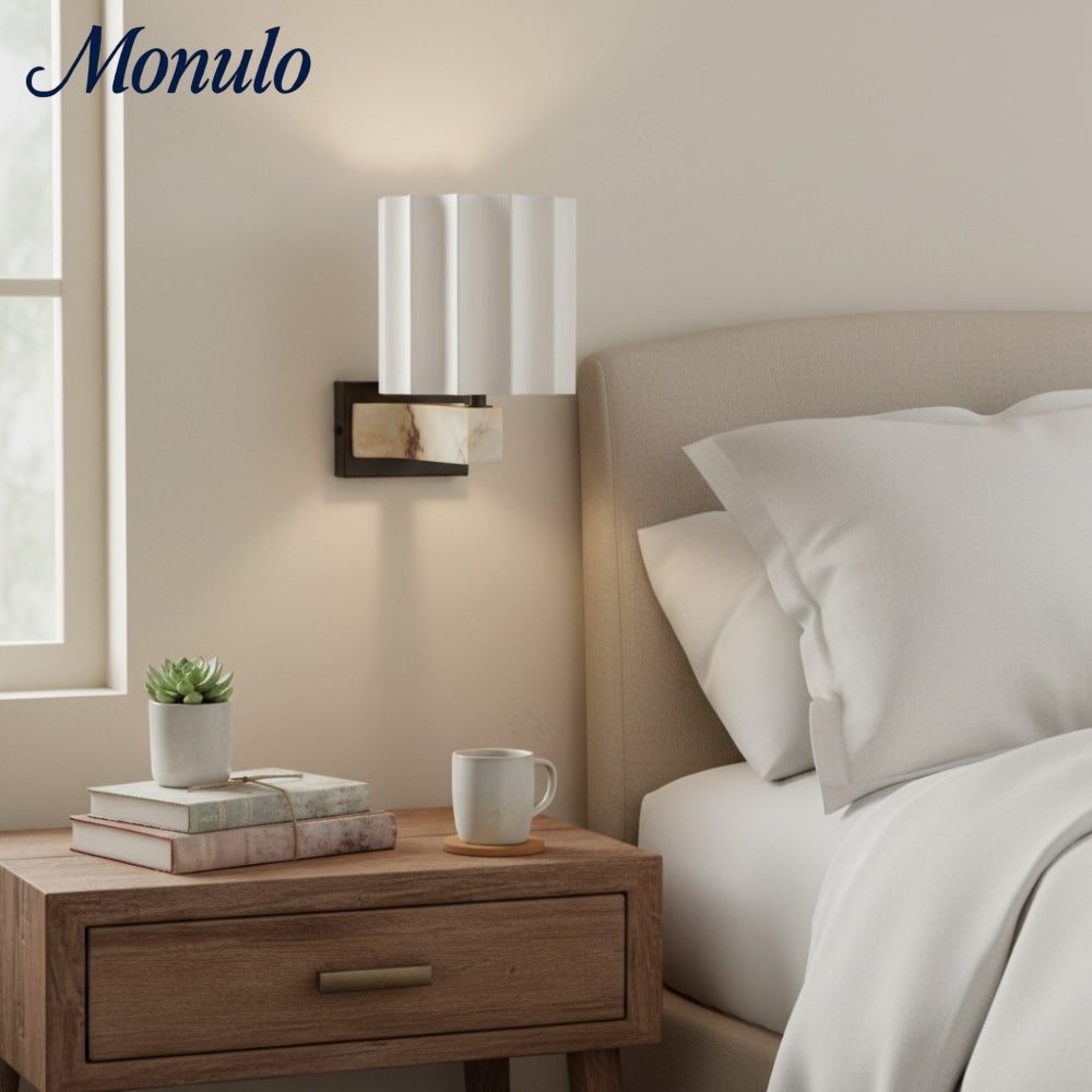 Cavilon Sculpted Marble Wall Light with Elegant Linen Shade for Living Rooms and Hallways