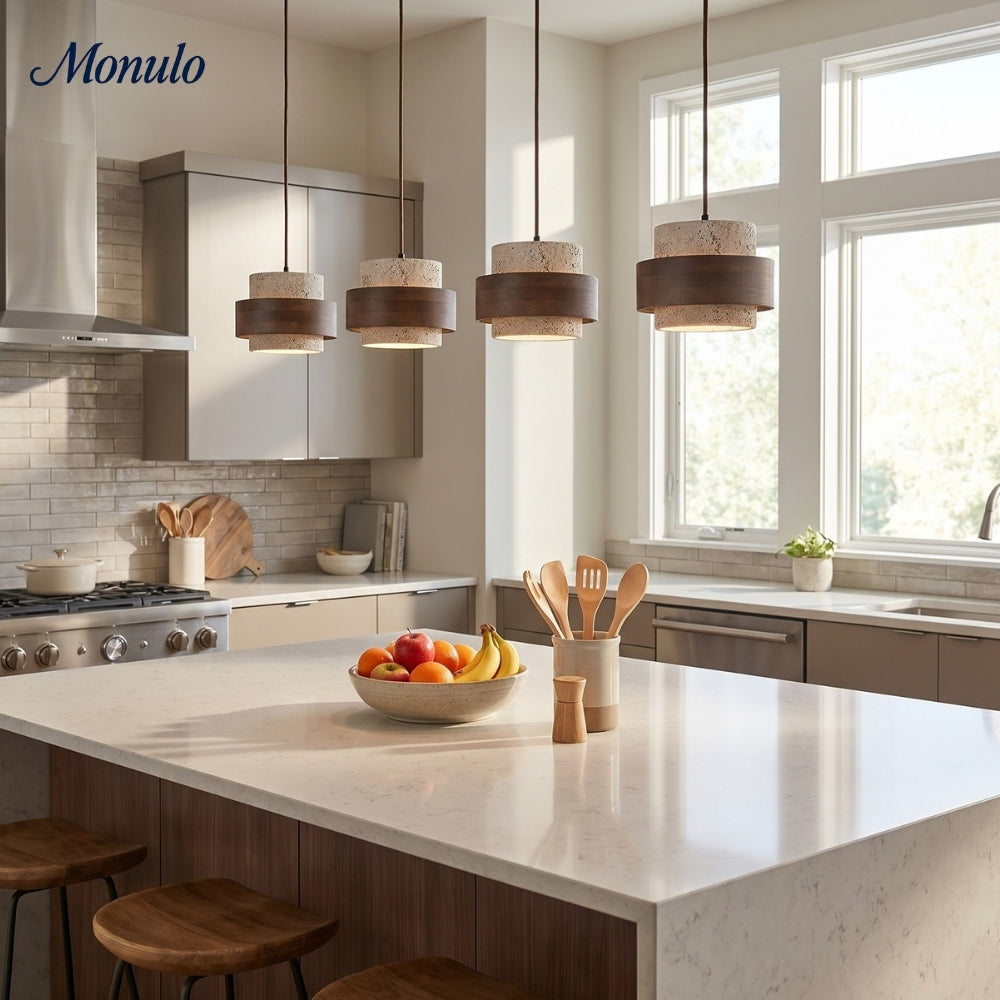 Travertine Wood Pendant Lamp - Modern Organic Hanging Light for Living Room