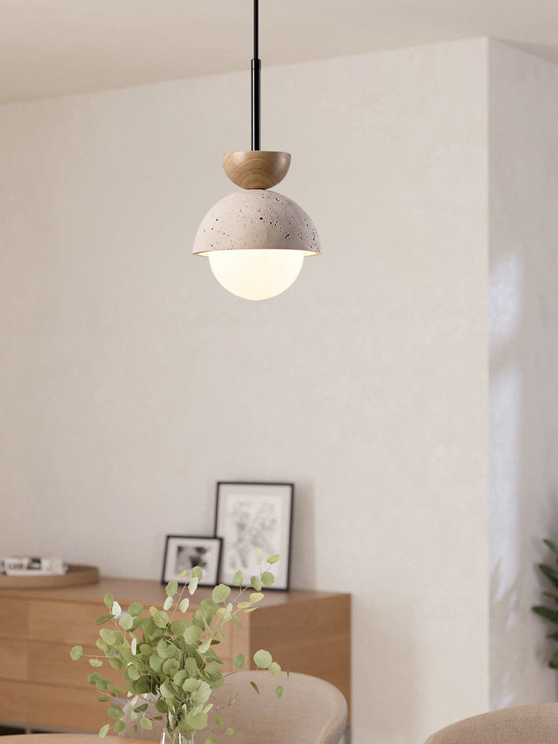 Modern Minimalist Hemisphere Travertine Wood Pendant Lamp