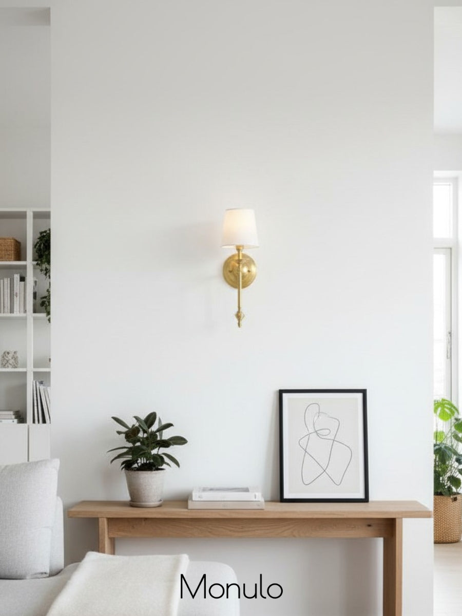 Aplique de pared con pantalla de tela Rowan en cobre antiguo: lámpara vintage de lujo para interiores 