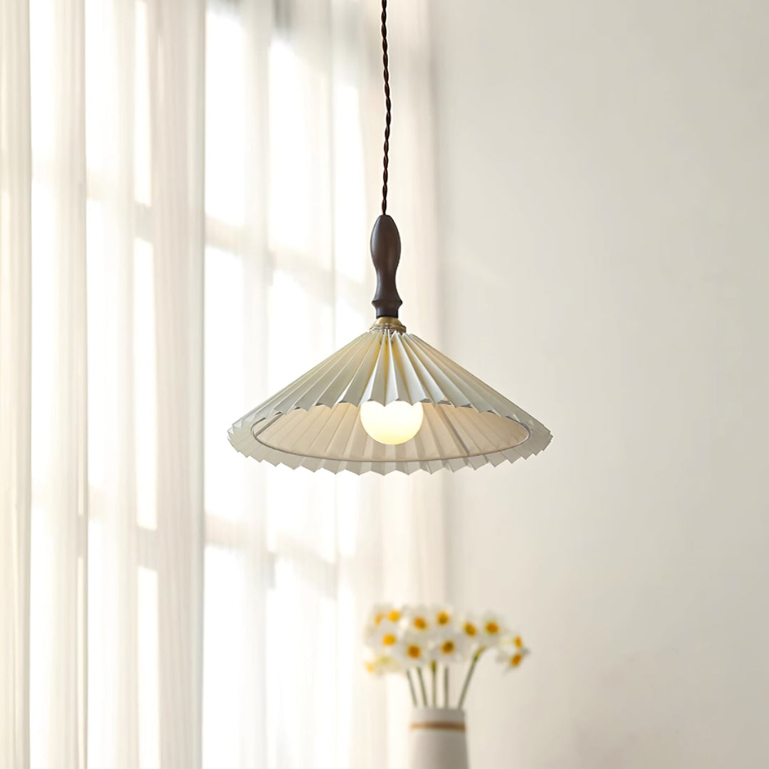 White Fabric Walnut Brass Plug-In Pendant
