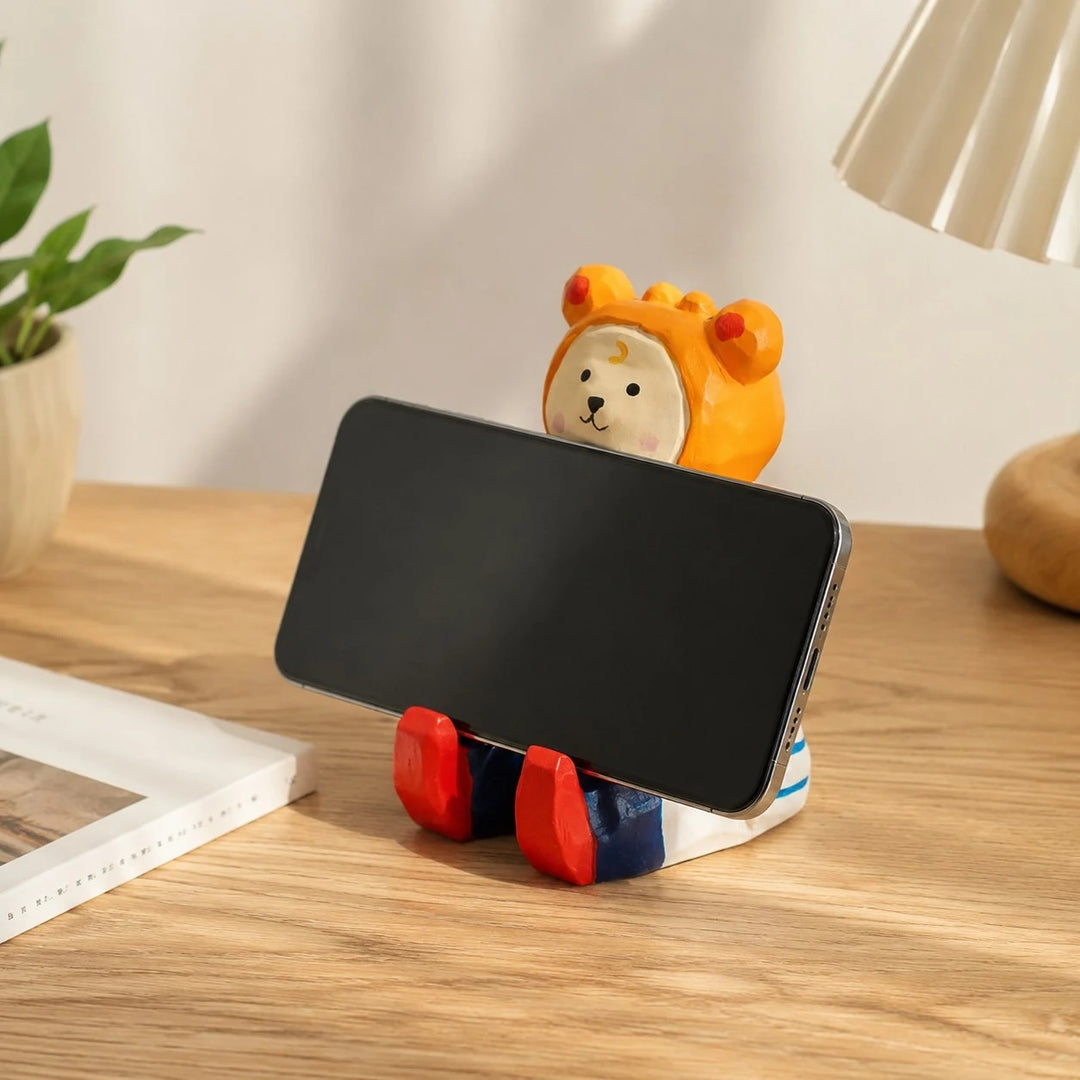Wooden animal phone stand scene view
