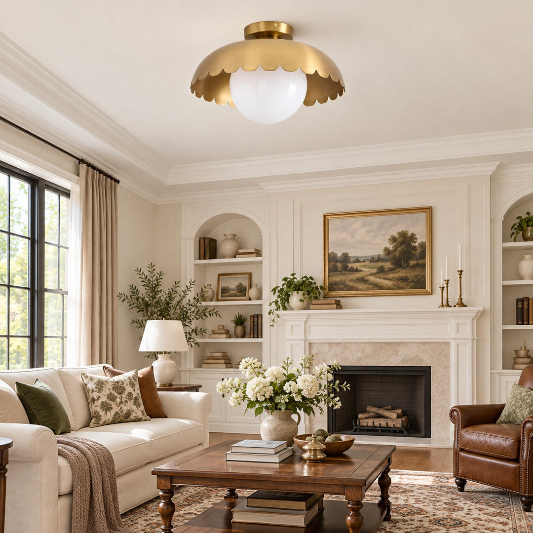 Scalloped Metal Brass Trim Globe Shade Flush Mount