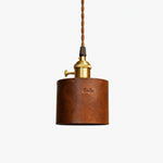 Bild in Gallery-Viewer laden, Brown leather cylinder pendant lamp front view