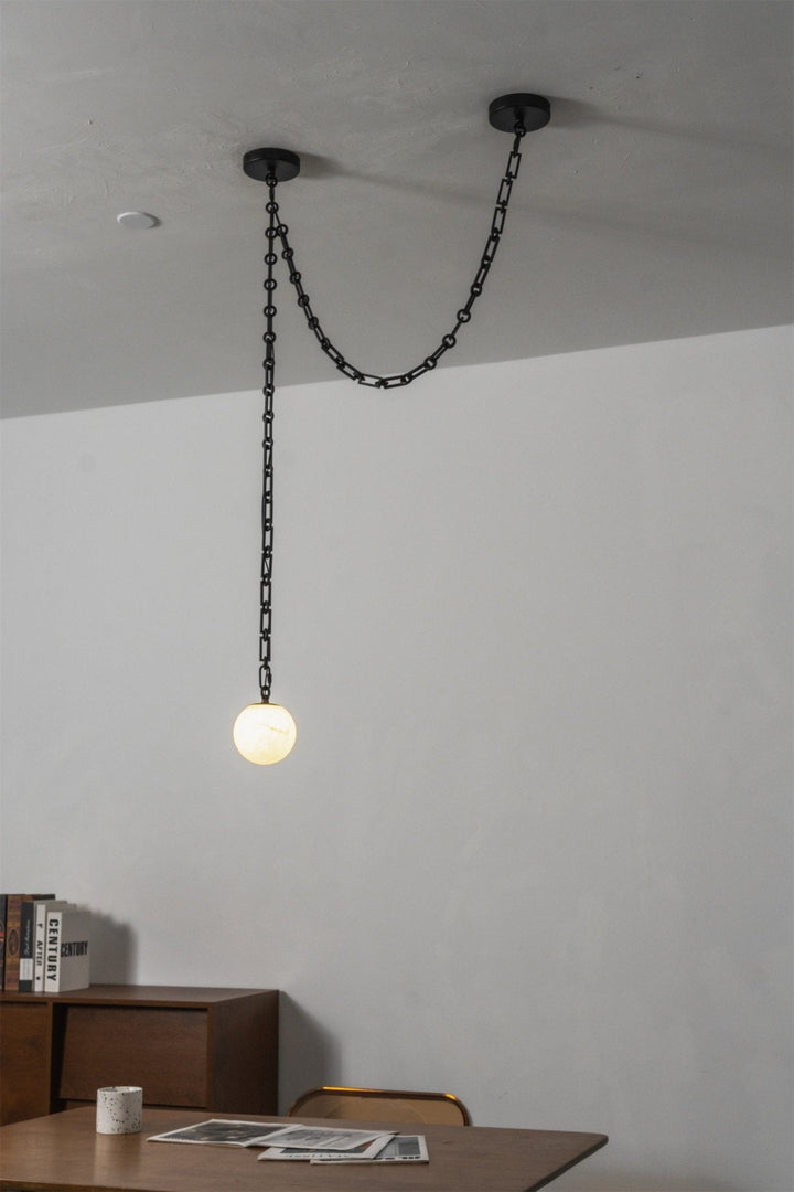 Black Metal Alabaster Globe Hardwired Chandelier