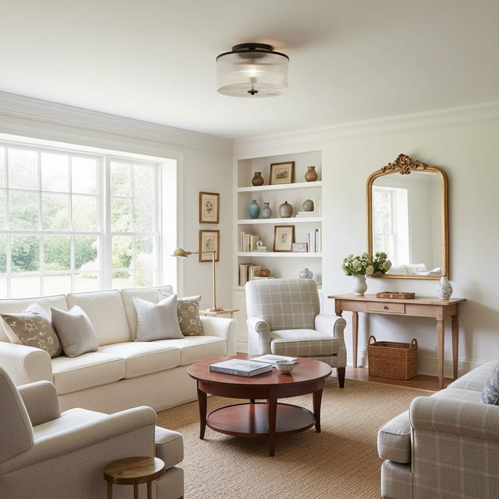 Rivora Vintage Ribbed-Glass Drum Flush Ceiling Light for Living Room