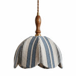 Charger l'image dans la visionneuse de galerie, Blue and ivory striped fabric pendant lamp with dark wood handle and brass connector