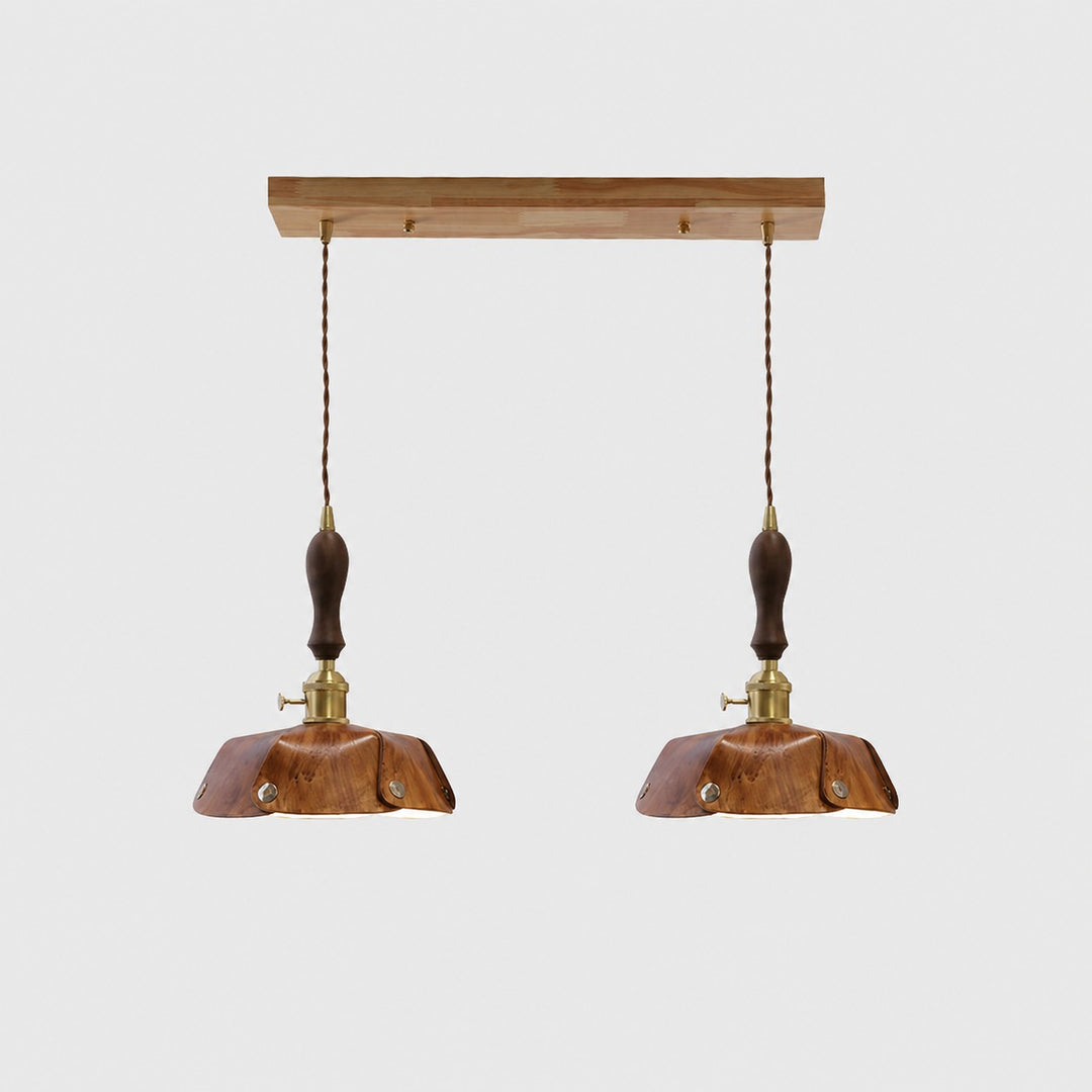 2-Light Linear Pendant Vintage Brown Leather Bar 50 cm / 19.7 in; Shade Dia. 25 cm / 9.8 in