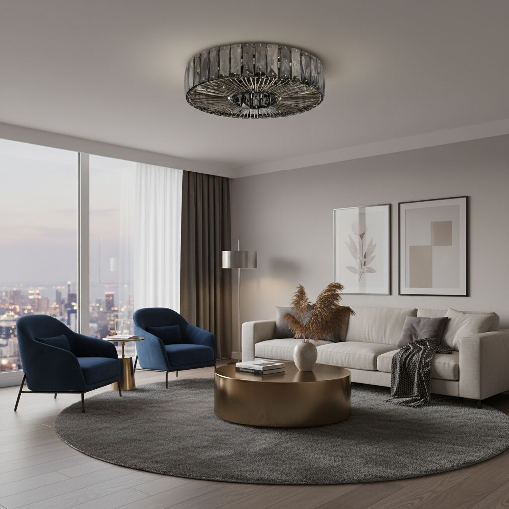 Glomar Glass Round Flush Ceiling Light - Modern Metal Glass Finish Living Areas