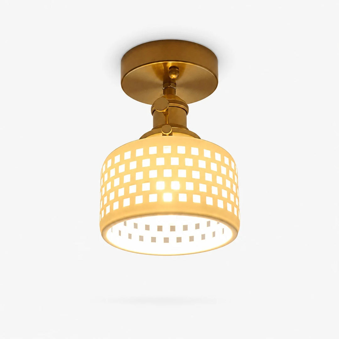 Flush mount grid ceramic ceiling light with brass canopy