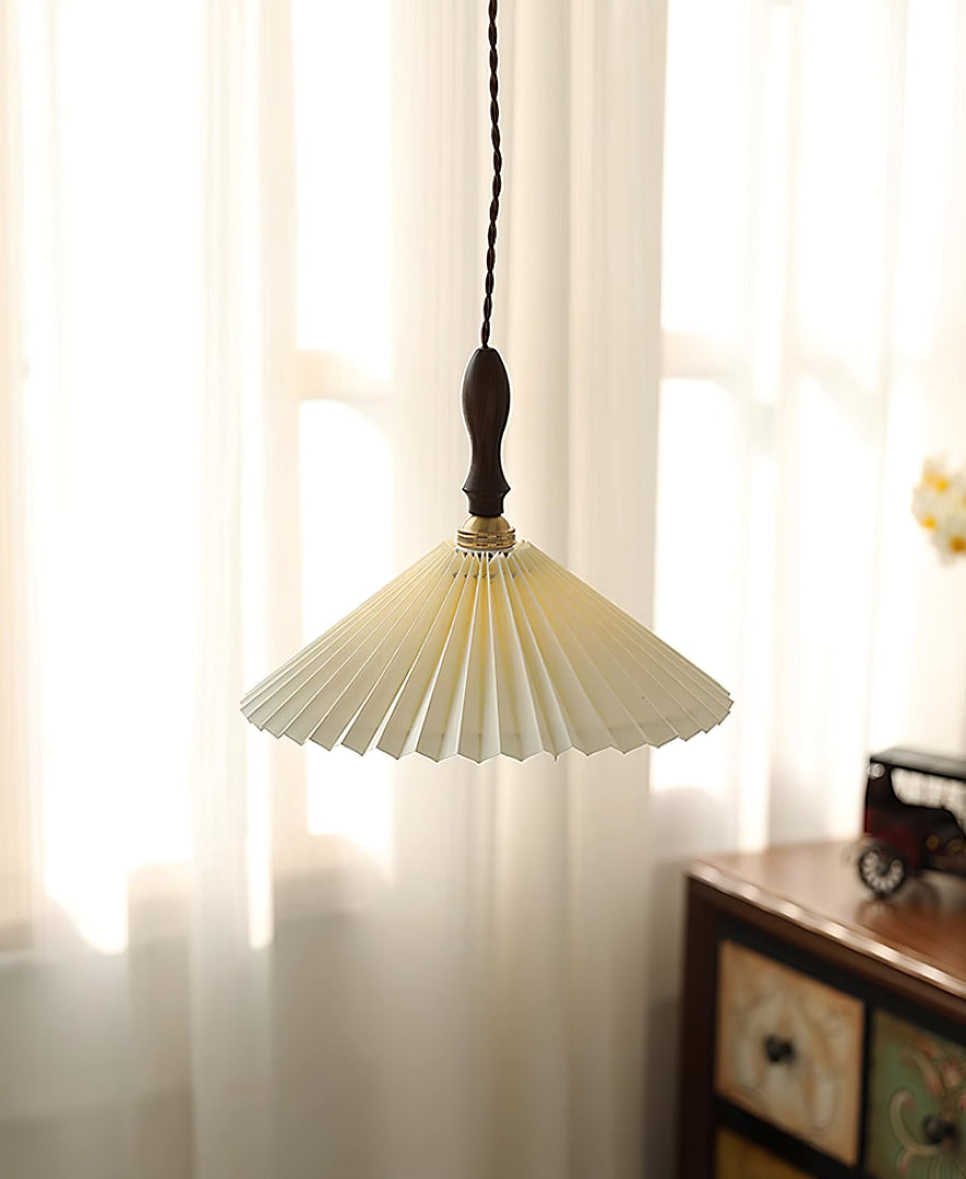 White Fabric Walnut Brass Plug-In Pendant