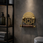Load image into Gallery viewer, Antique brass toilet paper holder on a dark bathroom wall