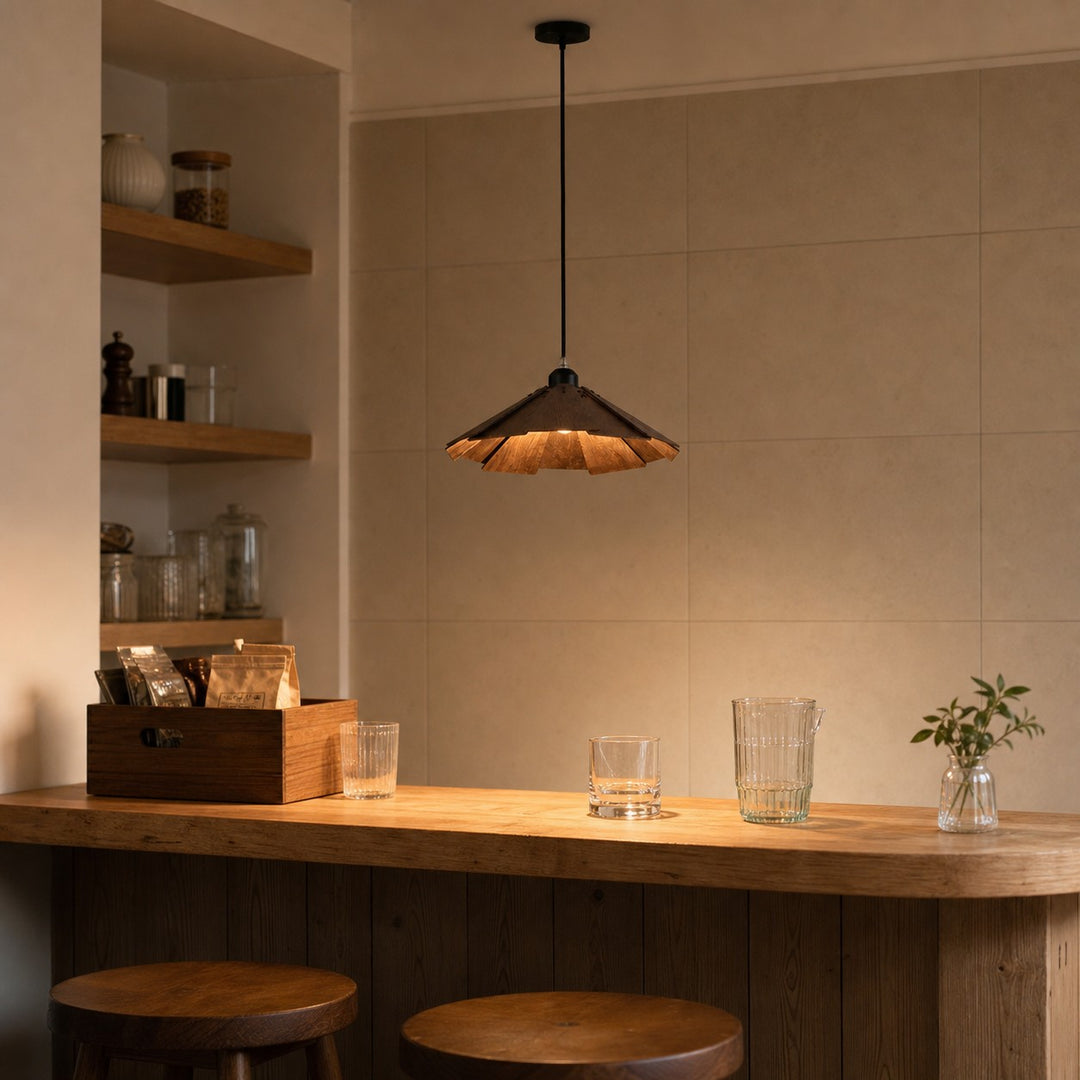 Wooden pendant light above a counter