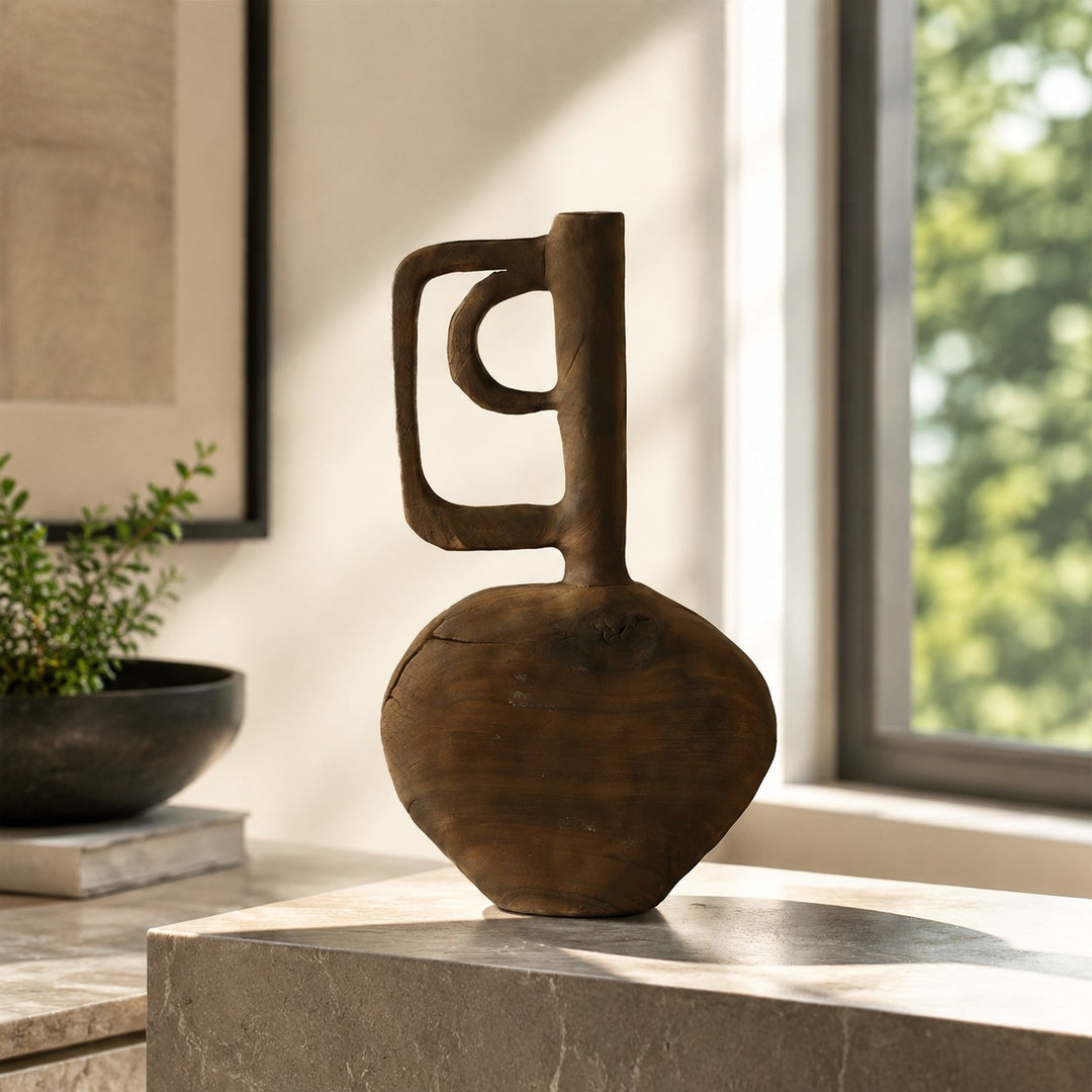 Hand-Carved Solid Wood Sculptural Vase