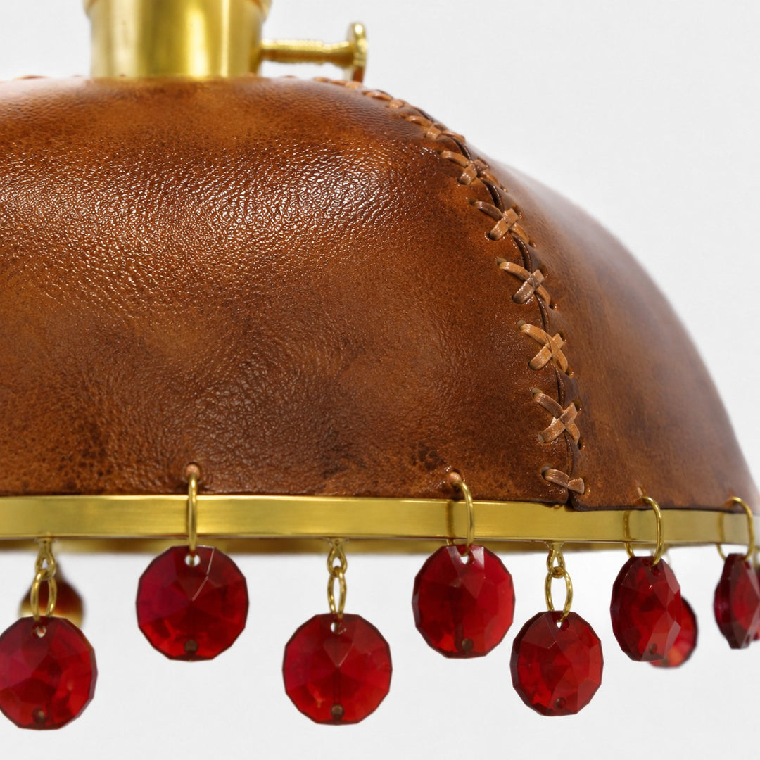 Vintage brown leather shade with red crystal drops