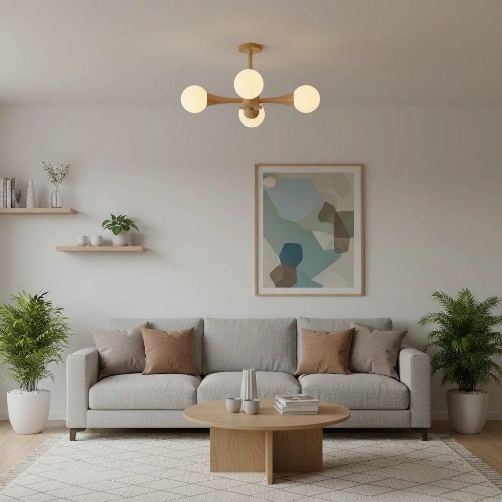 Novalune Multi-Light Glass Globe Chandelier with Wood Frame - Japanese Zen Style for Living Room