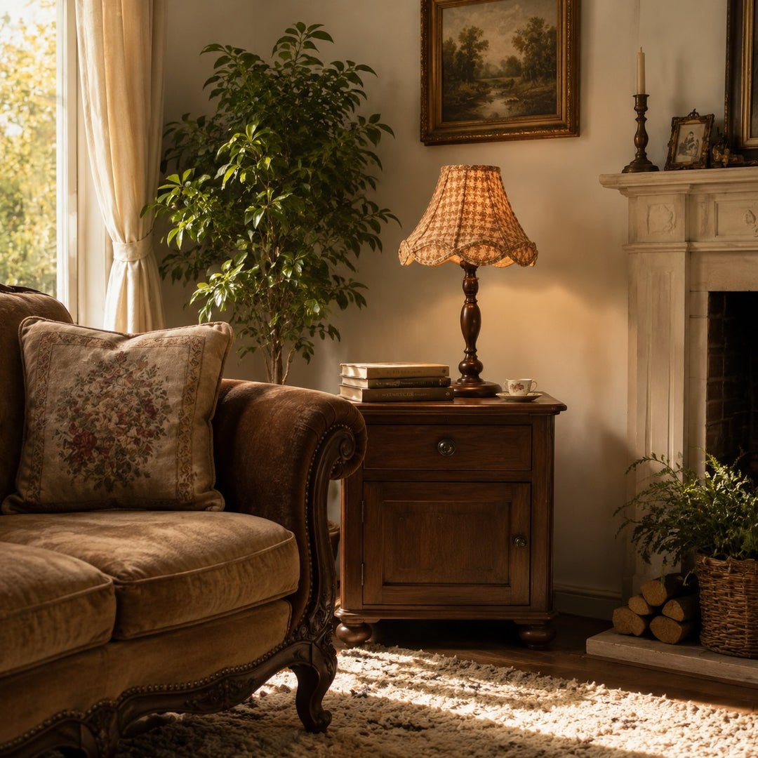 Vintage wood table lamp styled beside a classic armchair