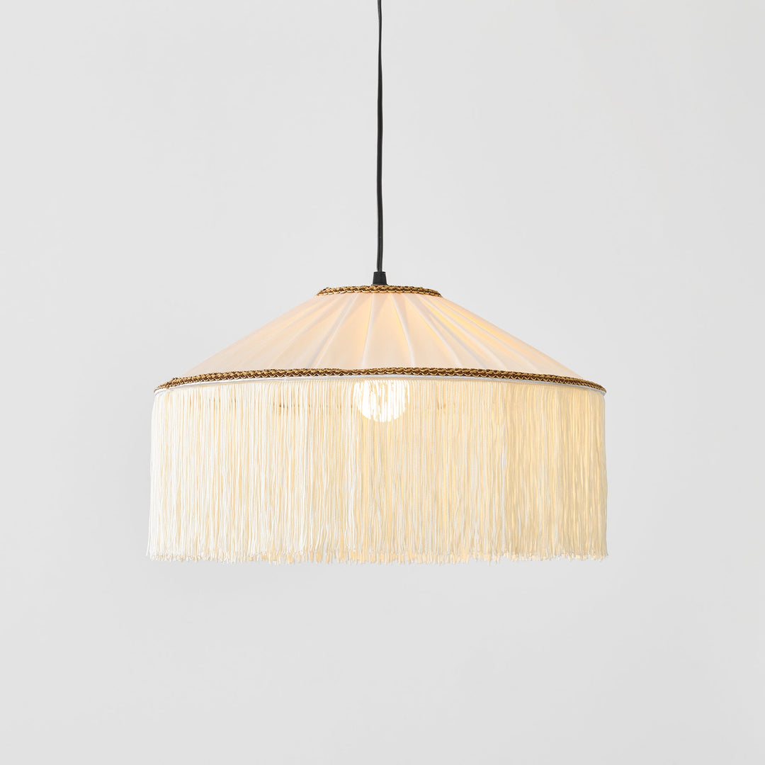 Beige Pleated Fabric Fringe Plug-In Pendant