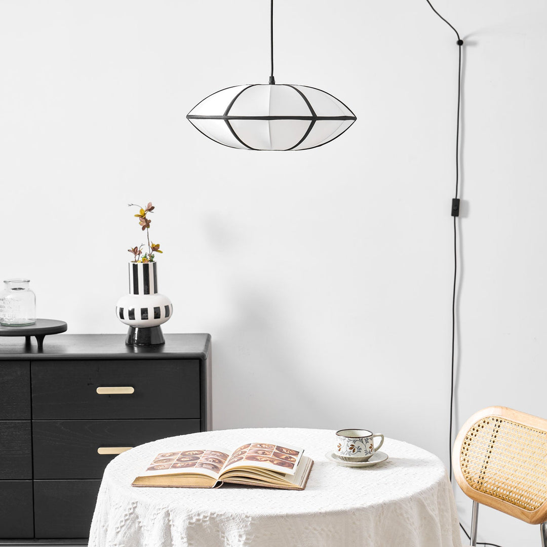 Black Metal White Fabric Plug-In Swag Pendant