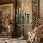 Load image into Gallery viewer, Blue-green branch candelabra styled on a mantel