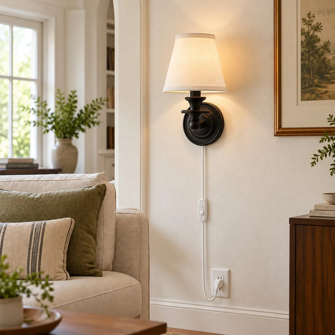 Rowan No-Wire Flat Drum Shade Wall Sconce – Plug-In Fabric Wall Light