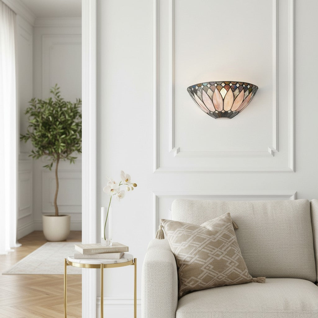 TF Layered Glass and Curved Metal Arm Wall Lamp – Transitional Art Deco Wall Sconce for Bedroom and Entryway