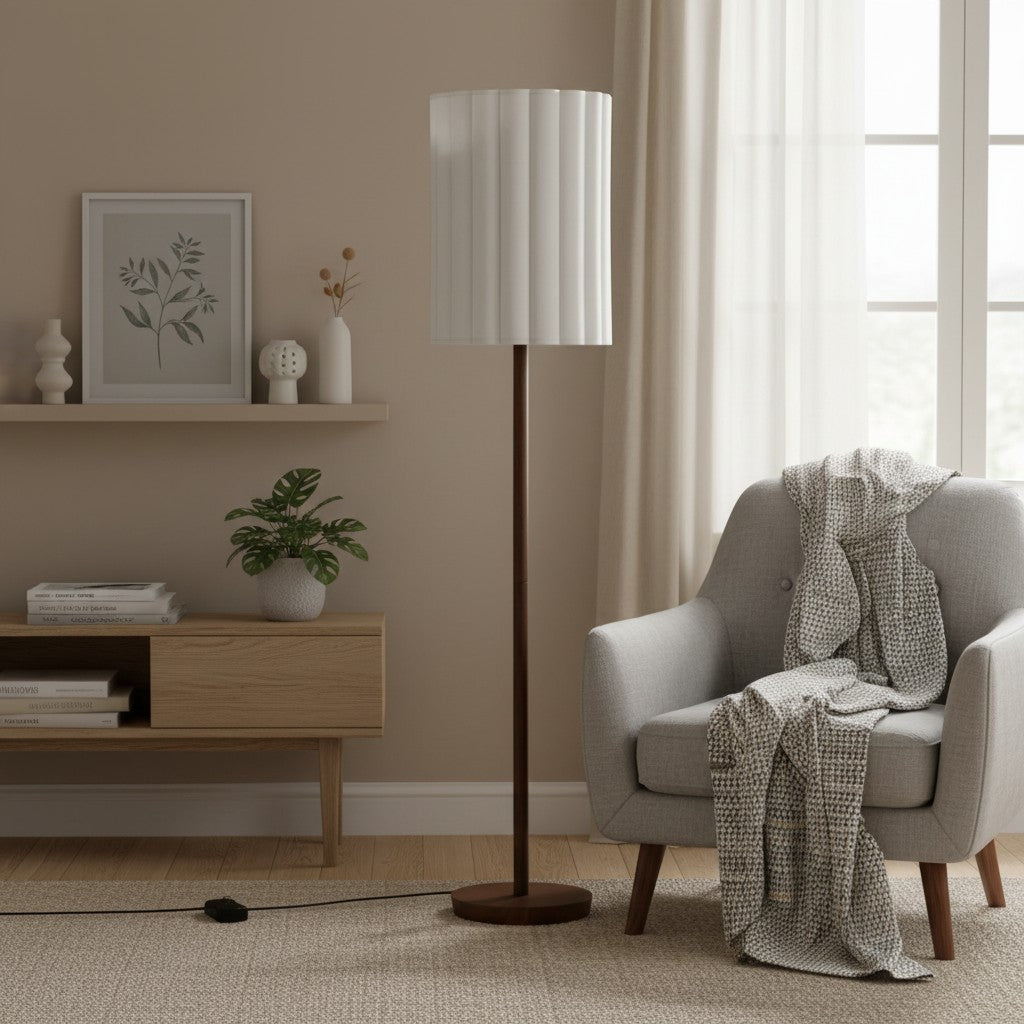Lámpara de pie Linbron con pantalla de tela neutra y acabado en veta de madera – Lámpara de pie moderna minimalista para sala de estar y estudio