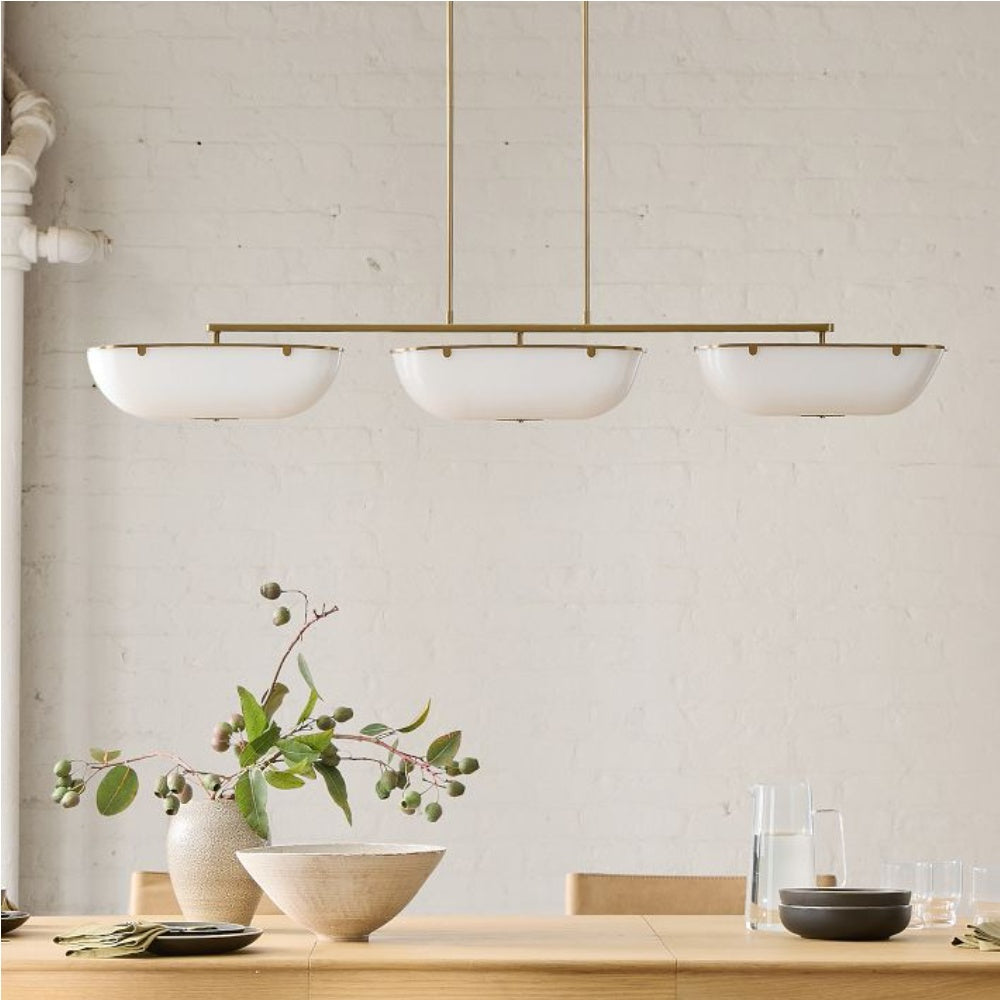 Ferosa Brass Glass Linear Chandelier – 3 Light Milk Glass Dining Lighting