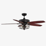 Cargar imagen en el visor de la Galería, Black vintage caged ceiling fan light with wood blades, 107 cm / 42"